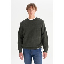 Relaxed Fit Geniş Kesim Bisiklet Yaka Koyu Yeşil Triko Kazak
