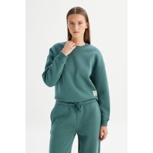 Relaxed Fit Geniş Kesim Bisiklet Yaka Içi Polarlı Yeşil Sweatshirt