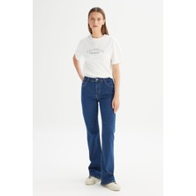Flare Fit Geniş Paça Yüksek Bel Mavi Pamuklu Esnek Denim Jean Pantolon