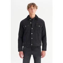%100 Pamuk Regular Fit Normal Kesim Sherpa Detaylı Siyah Denim Ceket