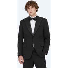 Siyah Düz Modern Fit Çıkarılabilir Kruvaze Yaka Dokuma Smokin Takım Elbise