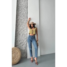 Mom Fit Bıyık Kar Yıkama Jeans Pantolon Koyu Mavi D2006