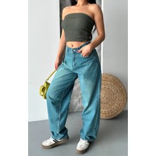 Baggy Taş Enzim Bıyık Yıkama Jeans Pantolon Yeşil Tint D2007