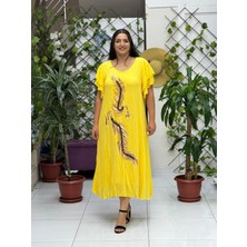 VL9636 Tüy Baskılı Yarım Kol Vual Elbise Sarı