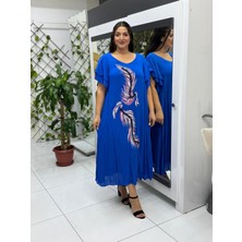 VL9636 Tüy Baskılı Yarım Kol Vual Elbise Saks