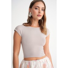 2009 Kadın Vücuda Oturan Basic Crop T-Shirt Taş