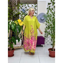 YG205050 Italyan V Yaka Çiçekli Keten Elbise Fıstık