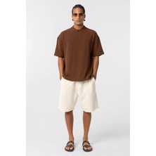 Basic Oversize Düğme Yaka Tişört Kahve