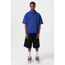 Polo Yaka Yıkamalı Oversize Tişört Saks