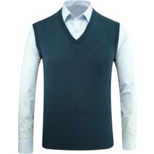 Erkek V Yaka Süveter Triko Düz Renk Çelik Örgü Klasik Kalıp - 5200H