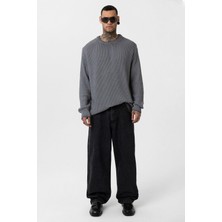 Oversize Yıkamalı Triko Kazak Gri