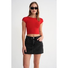 2009 Kadın Vücuda Oturan Basic Crop T-Shirt Kırmızı