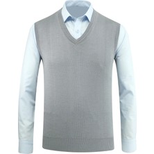 Erkek V Yaka Süveter Triko Düz Renk Çelik Örgü Klasik Kalıp - 5200H