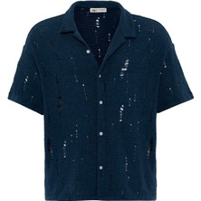 Oversize Deliklı Triko Gömlek Lacivert