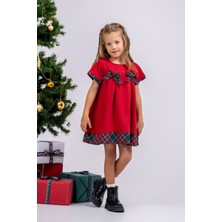 Kız Çocuk Ekoseli Düz Fiyonklu ( 2-6 ) Yaş Noal Elbise