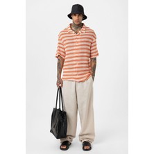 Oversize Çizgili Triko Tişört Oranj