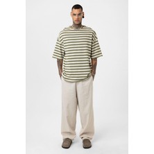 Çizgili Oversize Triko Tişört Haki