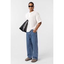 Basic Oversize Düğme Yaka Tişört Ekru