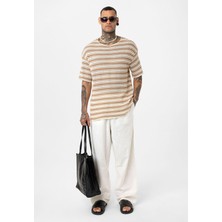 Çizgili Oversize Triko Tişört Camel