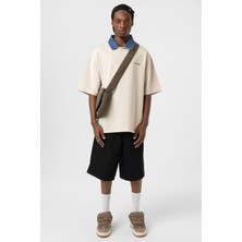 Polo Yaka Yazı Detaylı Oversize Tişört Taş