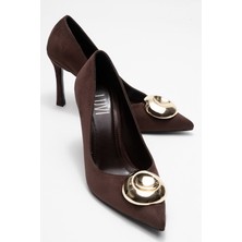 Jordana Kahverengi Süet Gold Tokalı Kadın Ince Topuklu Ayakkabı