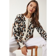 Leopar Desenli Kısa Sakallı Hırka LKB0007 Krem Siyah
