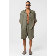 Oversize Keten Şort Haki