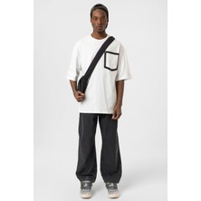 Bisiklet Yaka Cepli Oversize Tişört Ekru