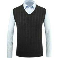 Erkek V Yaka Süveter Desenli Çelik Örgü Klasik Kalıp - 5209H