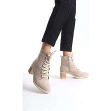 Lena Bağcıklı Fermuarlı Ortopedik Taban Topuklu Süet Kadın Bot  Tt - Ten