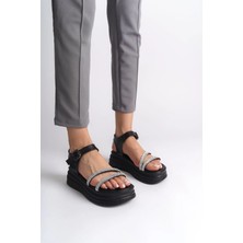 Zlohe Kalın Tokalı Taşlı Şeritli Ortopedik Taban Kadın Sandalet  St - Siyah