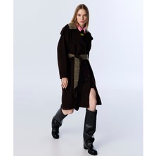 Twist Desen Mıx Kuşaklı Kadın Kaban %70 Polyester %30 Polyviskon Oversize Kahverengi Midi TW6250008039074