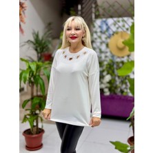 D12287 Yaka Detay Triko Bluz Beyaz