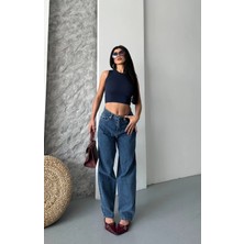 Baggy Kar Yıkama Jeans Pantolon Koyu Mavi D2007