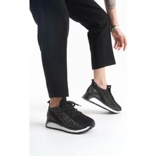 Alya Bağcıklı Ortopedik Taban Taşlı Kadın Sneaker Spor Ayakkabı Bt - Siyah
