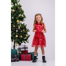 Kız Çocuk Noal Temalı Kar Taneli Kırmızı Fiyonklu Tül Elbise