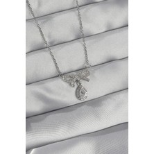 316L Çelik Gümüş Renk Zirkon Taşlı Fiyonk Detay Damla Ke