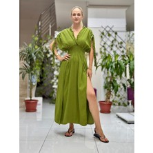 PT242500 Beli Lastikli Yaka Omuz Püsküllü Derin Yırtmaçlı Coton Elbise Yeşil