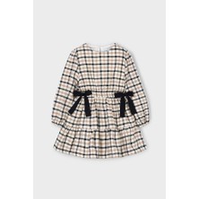 Kız Çocuk Normal Kalıp Beli Fiyonklu Ekose Viyela Elbise - Bej/siyah