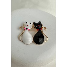 Siyah Beyaz Mineli Papyon Detay Ikili Kedi Broş (4cm)