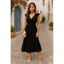 Kadın Kısa Kollu Kruvaze Yakalı Beli Lastikli Müslim Elbise