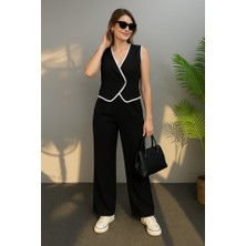 Kadın Kolsuz V Yakalı Düğmeli Ithal Krep Yelek ve Pantolon Ikili Takım