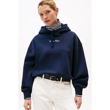 Kadın Rahat Kalıp Düşük Omuzlu Kapüşonlu Sweatshirt - Lacivert