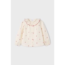 Kız Çocuk Normal Kalıp Işleme Detaylı Fırfırlı Yaka Bluz - Krem