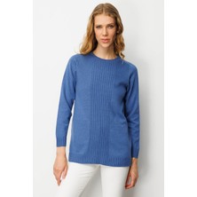 Kadın Sıfır Yaka Önü Çizgili Örgü Kazak Indigo