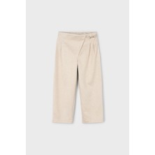 Kız Çocuk Beli Aksesuarlı Piliseli Triko Pantolon - Bej