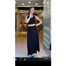 Omuzları ve Beli Renkli Şerit Detay Uzun Penye Elbise