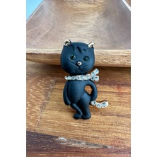 Taşlı Tasma Detay Siyah Sosyete Kedisi Broş (4cm)