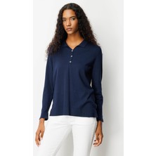 Kadın Polo Yaka Yakası ve Kolu Düğmeli Bluz Lacivert