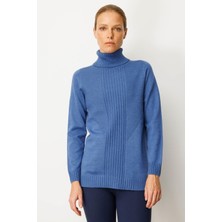 Kadın Tam Balıkçı Yaka Önü Uzun Çizgili Kazak Indigo